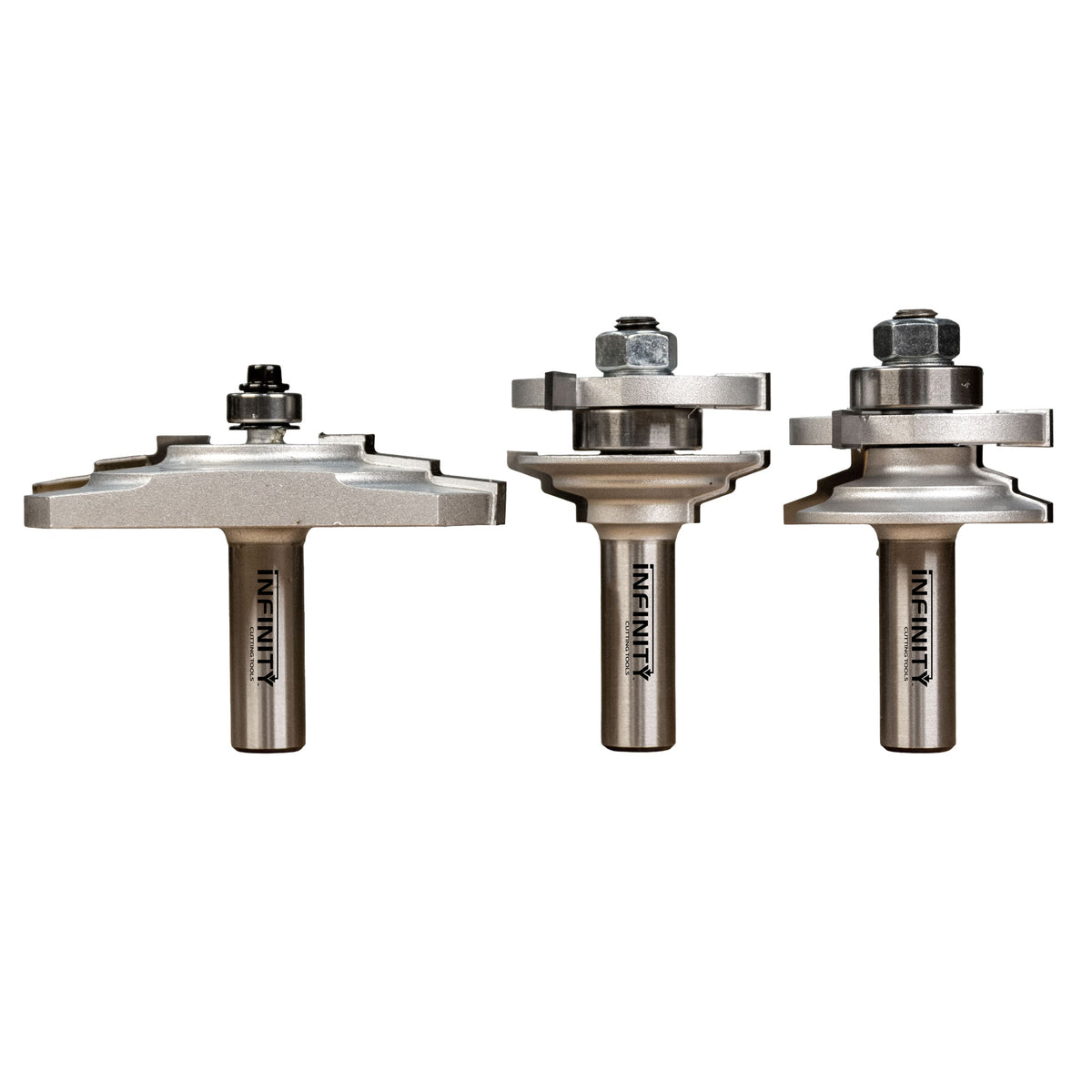 Three-piece Art Deco cabinet door router bit set with detailed carbide cutting edges