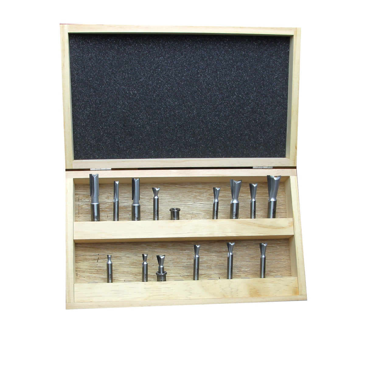 Woodworking router bit set in an open wooden case, displayed on a white background