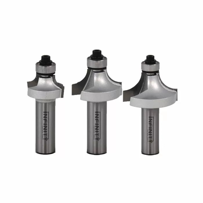 Set of three roundover router bits with ball bearings for woodworking projects