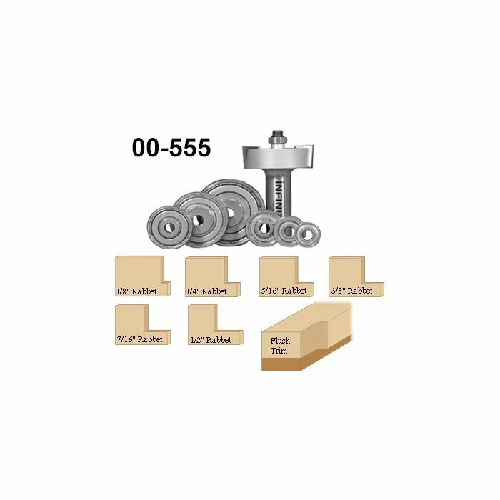 Router bit with multiple bearings for adjustable rabbets and flush trim woodworking cuts