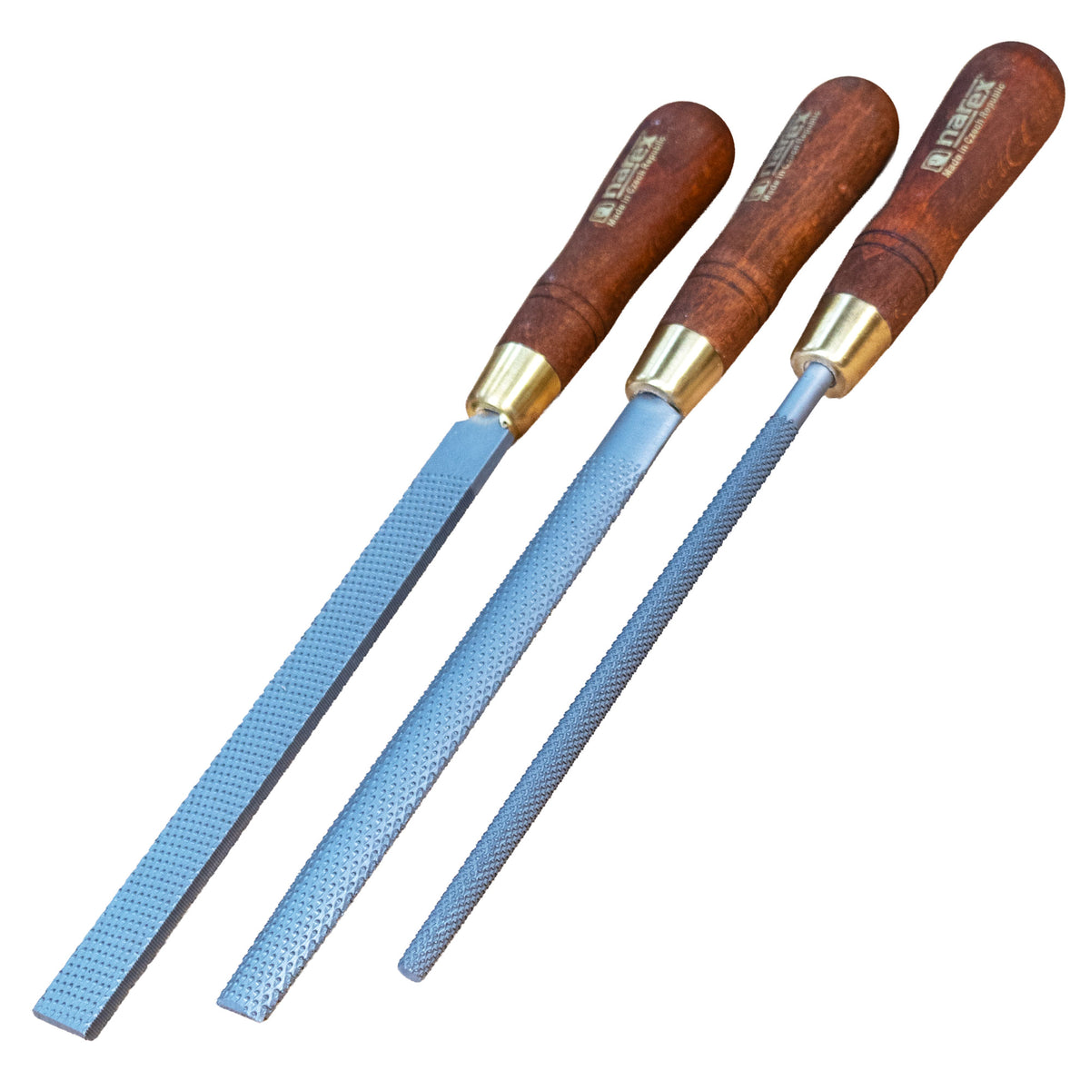 three rasps, flat, half round, and round, on a white background.