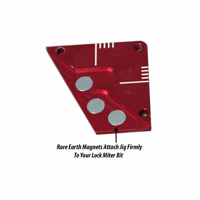 Red lock miter bit jig with three rare earth magnets and engraved measuring lines