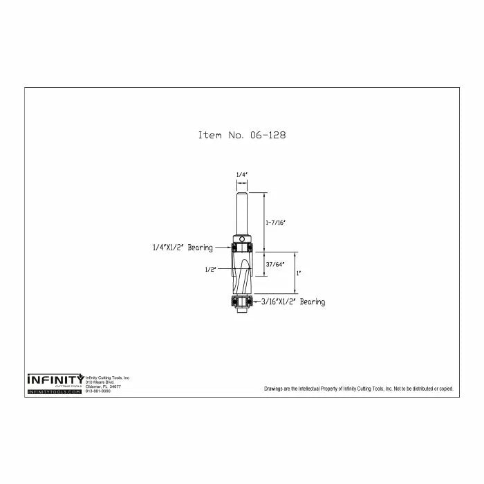 Technical drawing of woodworking router bit with labeled dimensions and bearings, item 06-128.