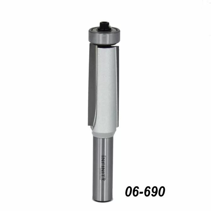 Straight flush trim router bit with bearing, woodworking tool, model 06-690 on white background
