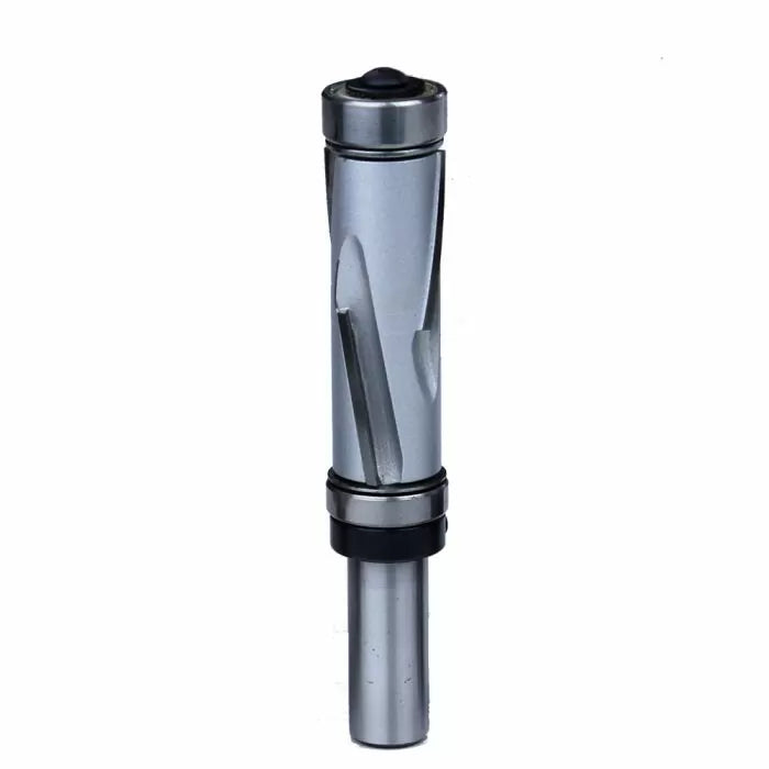 Spiral flush trim router bit with dual bearings for woodworking and precision edge trimming