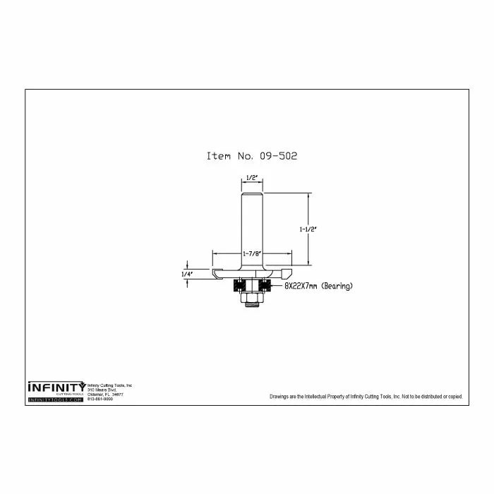 Technical drawing of woodworking router bit with dimensions, item number 09-502