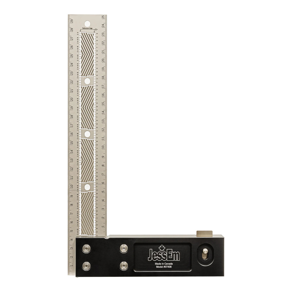 Precision woodworking square with stainless steel ruler and black aluminum base, JessEm model 87048.