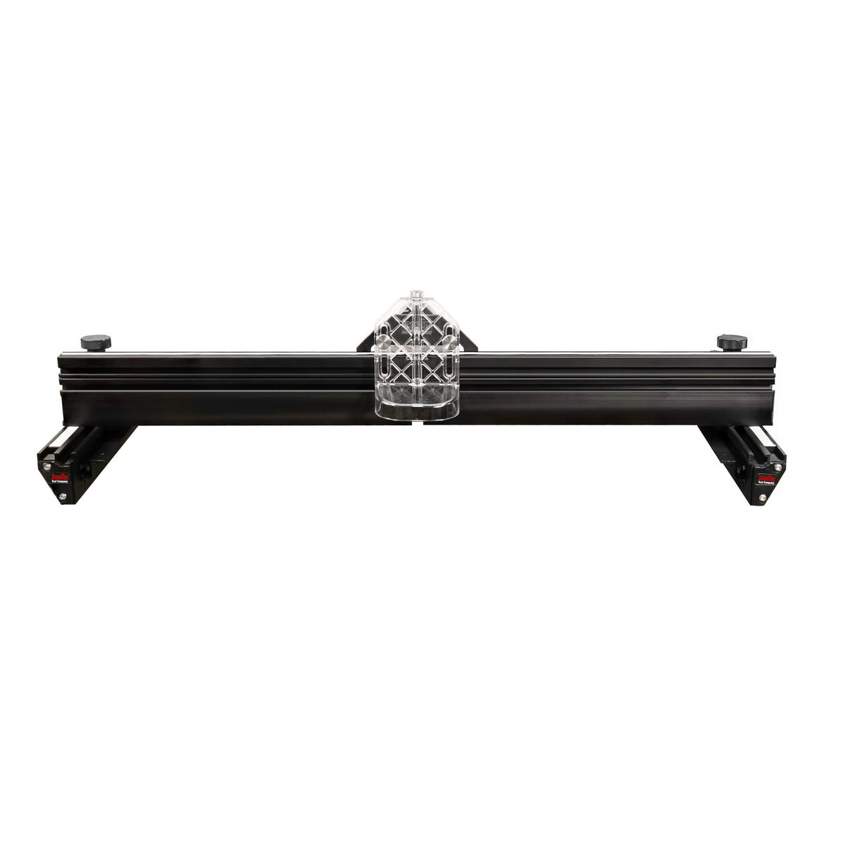 Precision woodworking router table fence with clear acrylic guard and black aluminum base