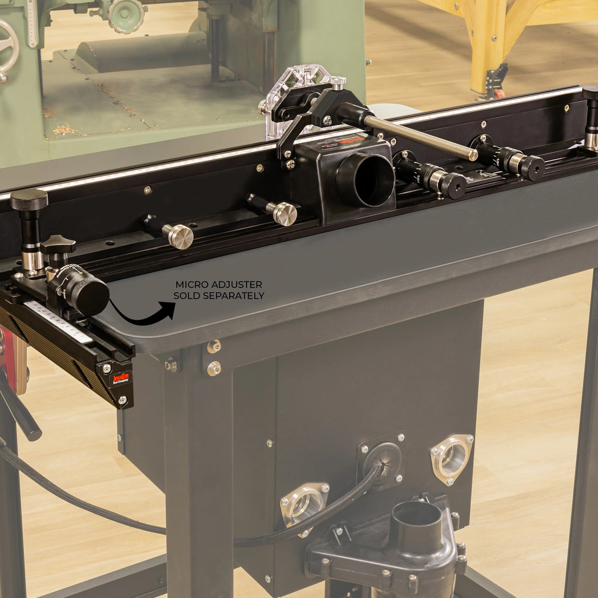 Router table fence with dust collection port, precision adjustment knobs, and micro adjuster.