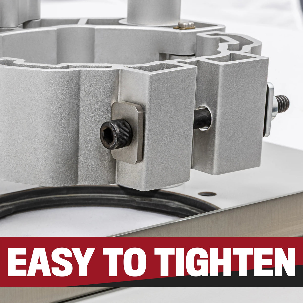 Close-up of metal woodworking tool clamp with tightening screw, labeled 'Easy to Tighten'.