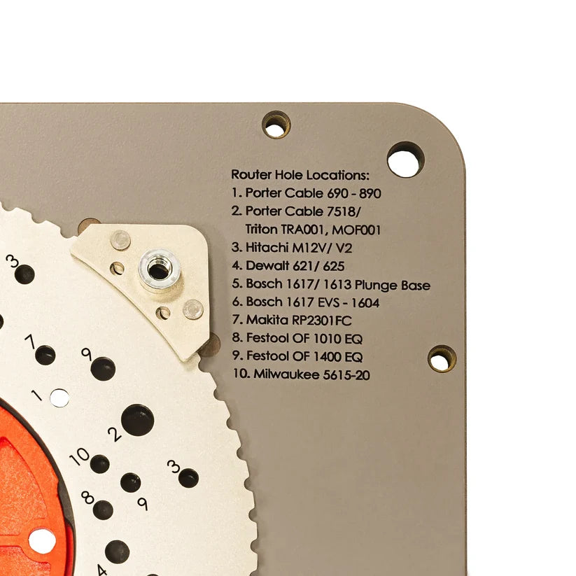 Closeup of bottom of router table plate with router information