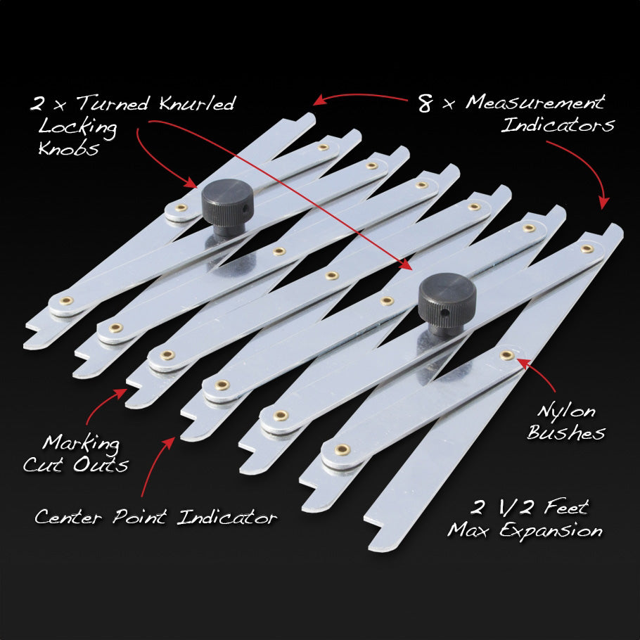 Expandable metal woodworking layout tool with measurement indicators and locking knobs