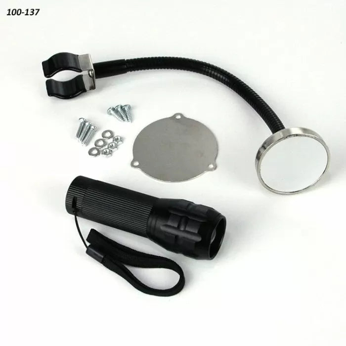 Woodworking router table inspection kit with flexible mirror, flashlight, screws, and plate