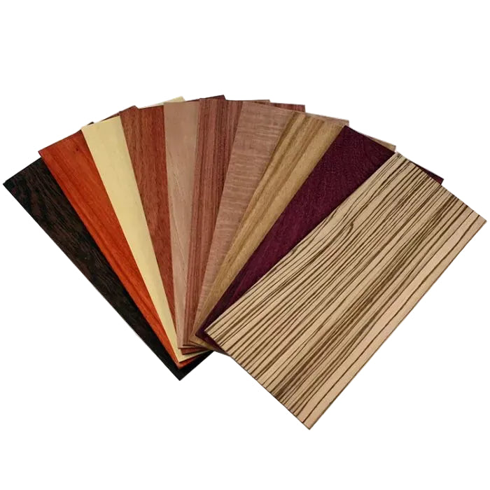 Fan of assorted hardwood veneer sheets in various wood grain and color patterns
