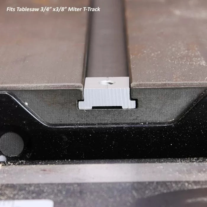 Aluminum miter T-track installed in a tablesaw slot for precise woodworking cuts