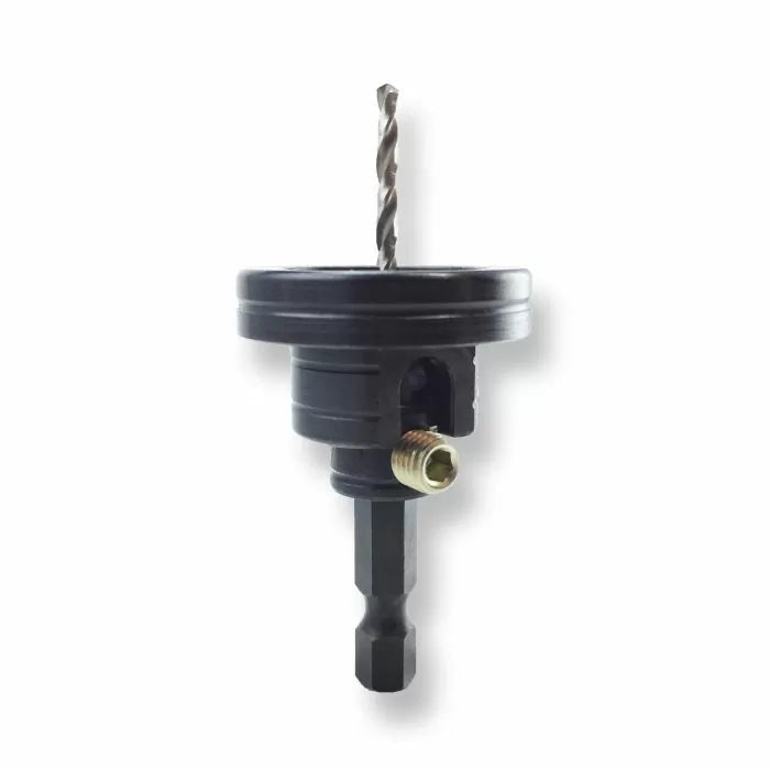 Drill bit arbor adapter with black plastic housing and hex shank for woodworking tools