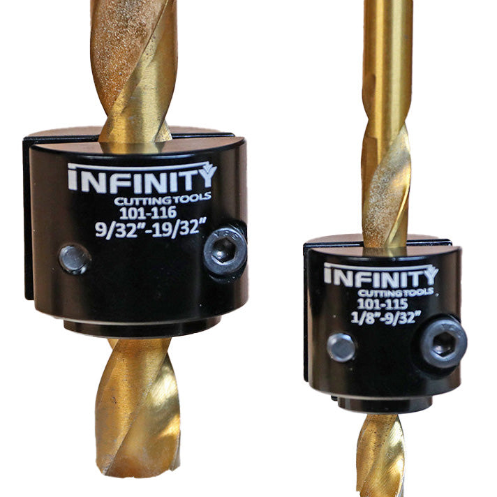 Two drill bit stop collars in black, labeled for size adjustment, attached to drill bits