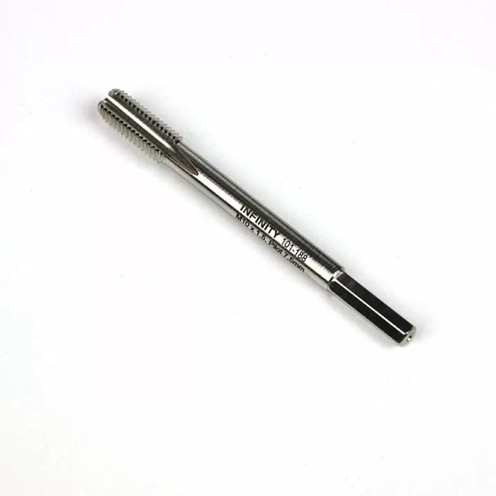 Steel thread tap tool for metalworking on white background, close-up, woodworking accessory