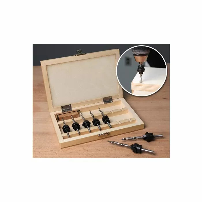 Woodworking countersink drill bit set in wooden case with close-up of bit in use on wood