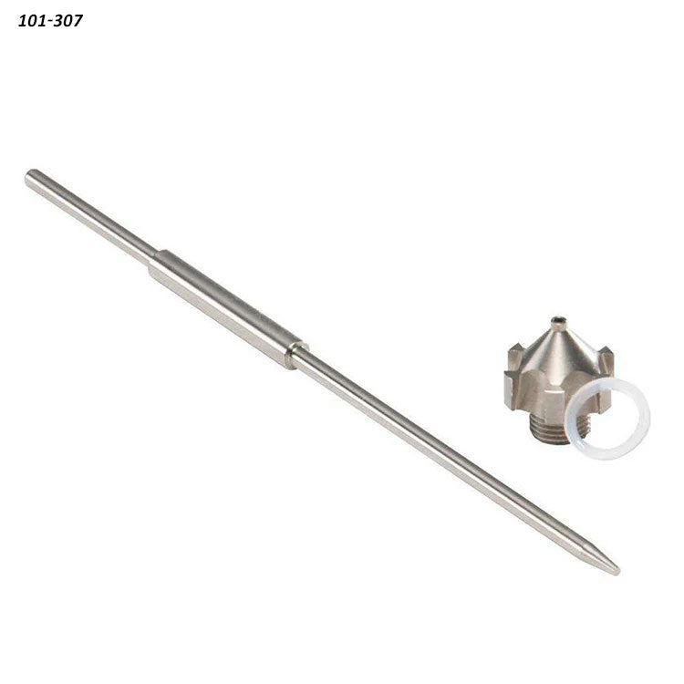 Precision woodworking tool parts including a metal shaft, threaded nozzle, and washer on white background.