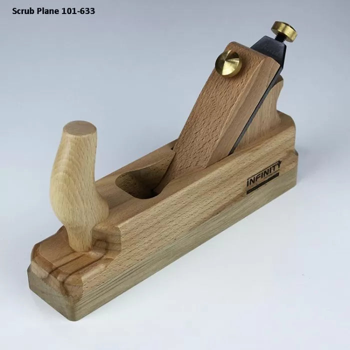 Wooden scrub plane hand tool with brass fittings for woodworking, model 101-633.