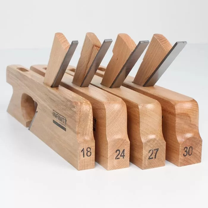 Set of four wooden woodworking hand planes with blades, numbered 18, 24, 27, 30
