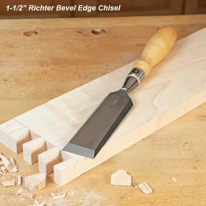 Richter bevel edge wood chisel on dovetailed board, woodworking hand tool on workbench