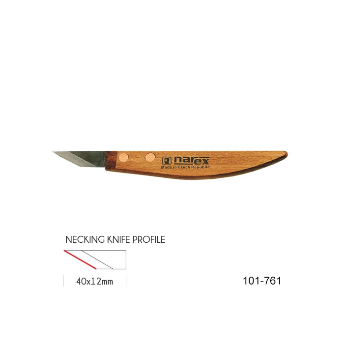 Necking knife with wooden handle and 40x12mm blade, shown side profile for woodworking.