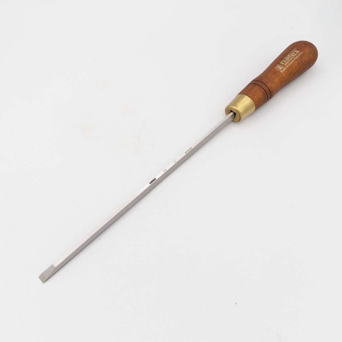 Woodworking mortise chisel with wooden handle and brass ferrule on white background