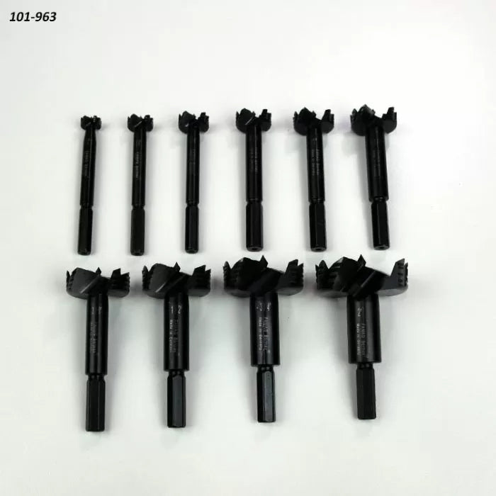 Set of ten black Forstner drill bits arranged on white background, woodworking tool set