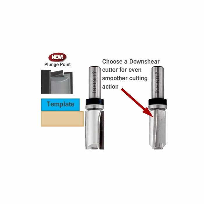Plunge point router bits and downshear cutter for woodworking template cutting
