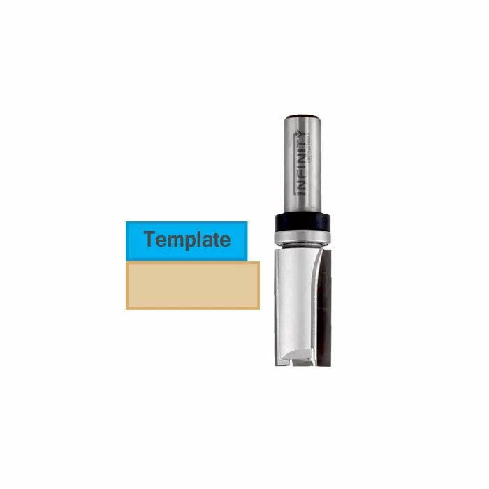 Template router bit with bearing for woodworking, shown next to labeled template block.