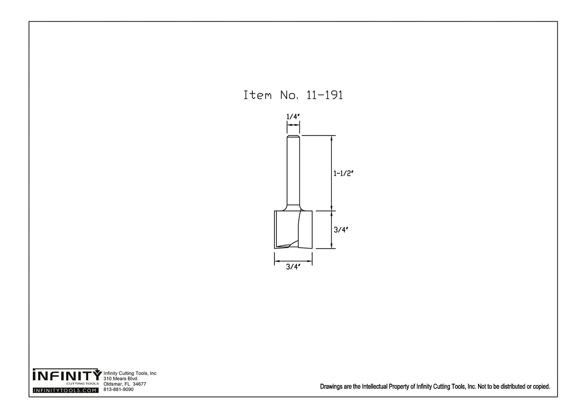 Technical drawing of a 3/4 inch straight router bit with 1/4 inch shank for woodworking.