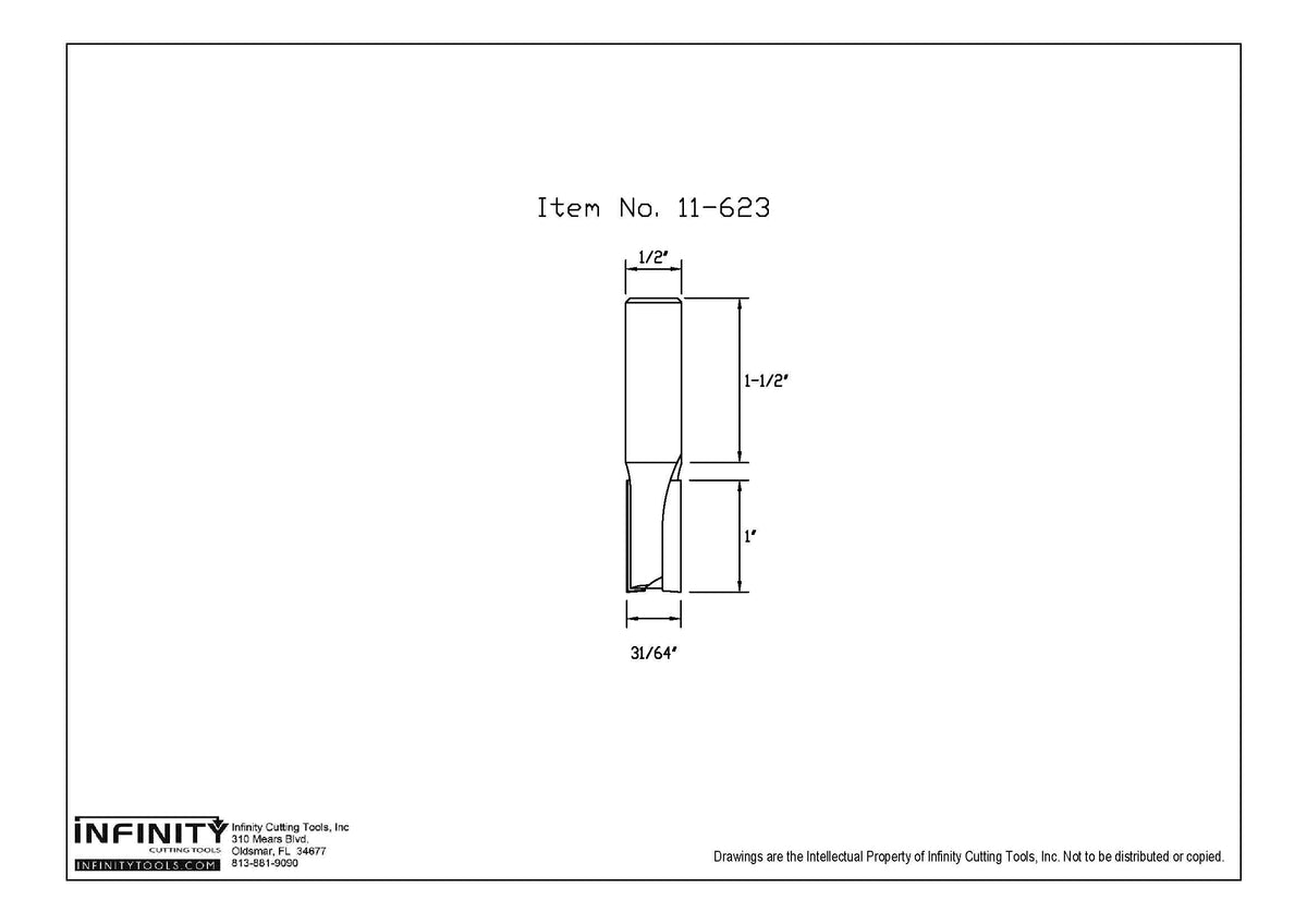 Technical drawing of straight router bit with measurements, woodworking tool diagram