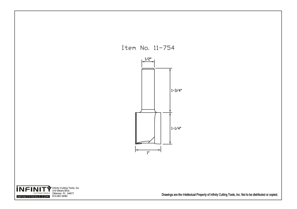 Technical diagram of straight router bit with dimensions, woodworking tool, item 11-754.