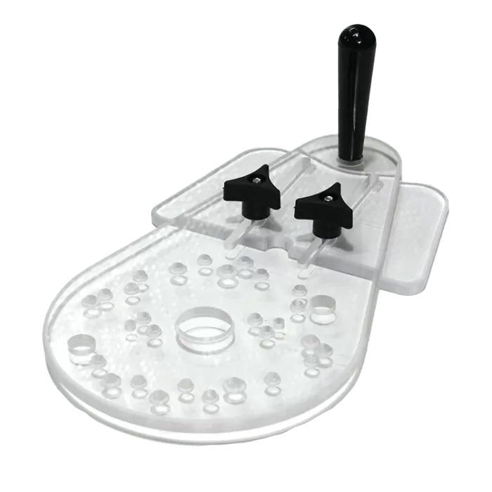 Clear router base plate with handle and adjustable knobs for woodworking tool precision