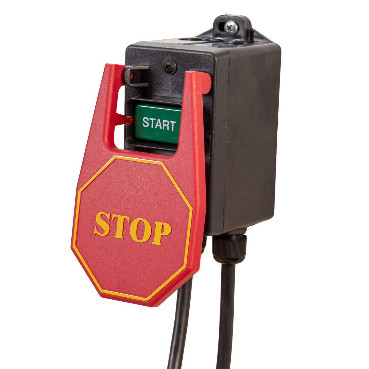 Industrial electrical push-button switch with a red stop cover and green start button, mounted on a black housing with a black cable.