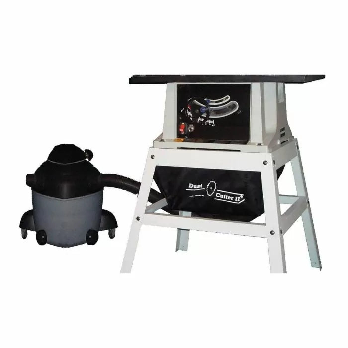 Table saw dust collection system with shop vacuum and dust bag, woodworking tool accessory
