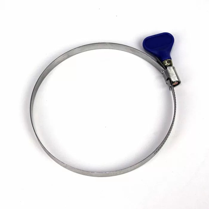 Stainless steel hose clamp with blue thumb screw on white background, woodworking tool accessory