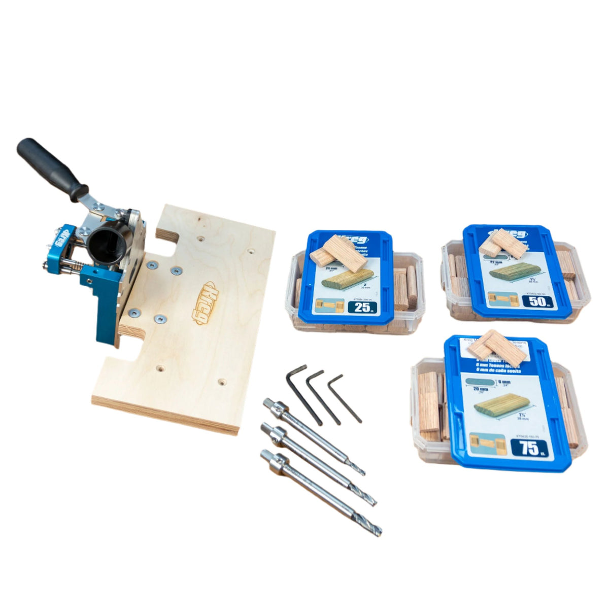 Woodworking dowel jig kit with drill bits, hex keys, and wood dowels on a white background