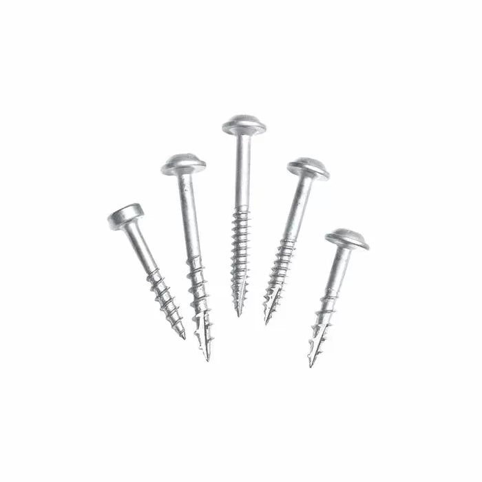 Five silver flat-head wood screws arranged on a white background.