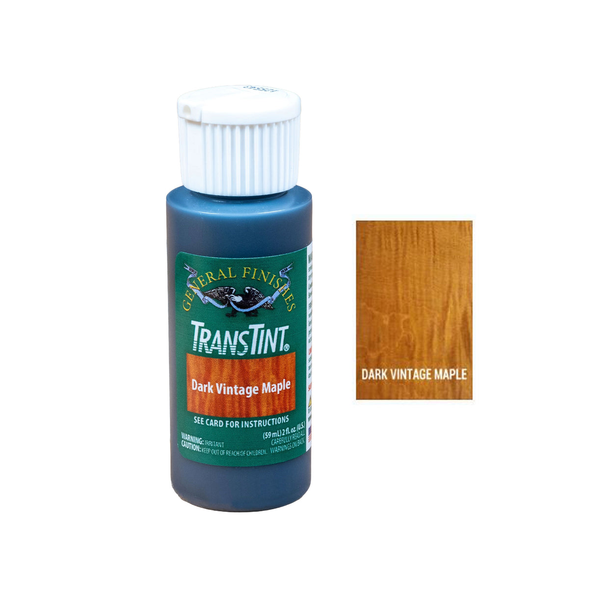TransTint Dark Vintage Maple wood dye bottle with sample wood stain color