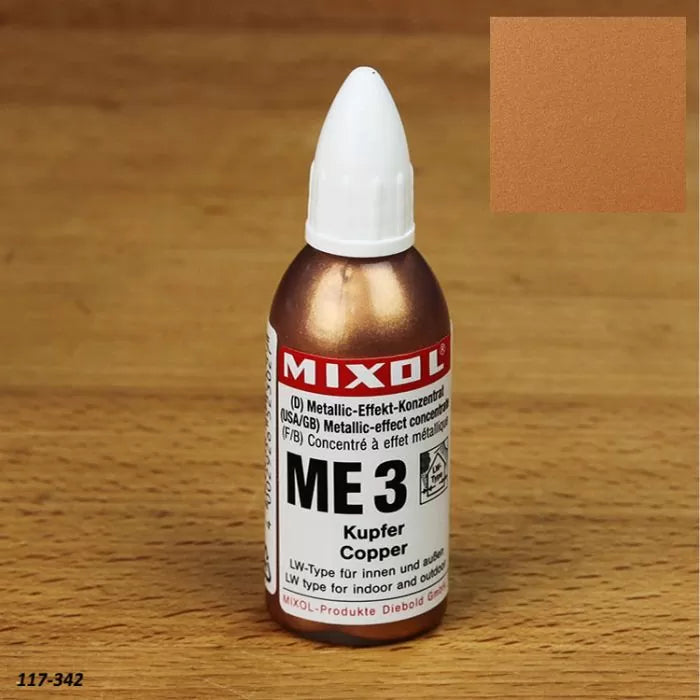 Mixol ME3 copper metallic effect concentrate bottle on wooden surface with copper color swatch.