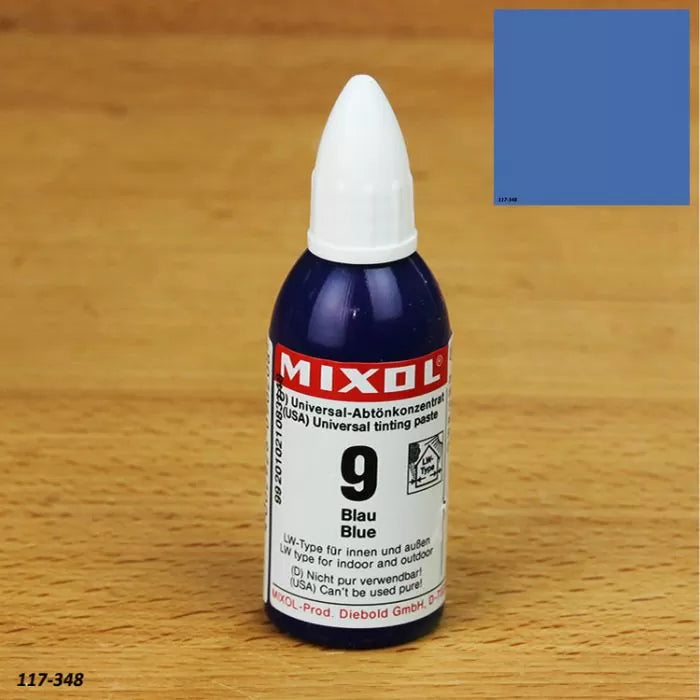 Mixol universal tinting paste bottle number 9 blue on wood surface, color swatch in corner