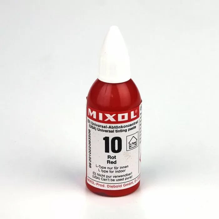 Red Mixol universal tinting paste bottle for woodworking finishing and coloring projects