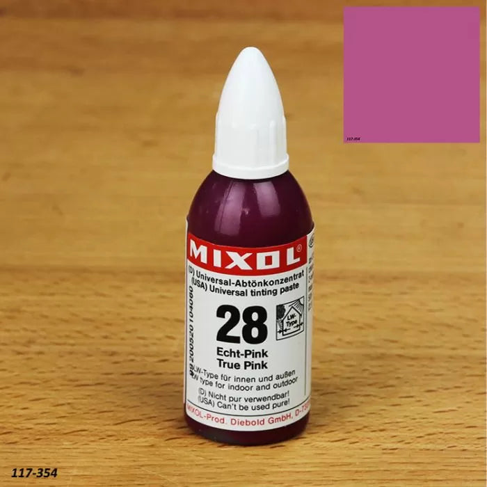 Mixol 28 True Pink universal tinting paste bottle on wood surface with pink color swatch