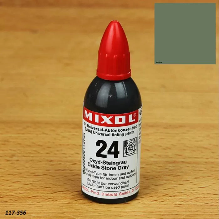Mixol oxide stone grey universal tinting paste bottle on wood surface with color swatch
