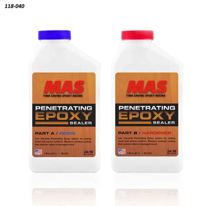 Penetrating epoxy sealer kit with resin and hardener bottles for woodworking and wood repair