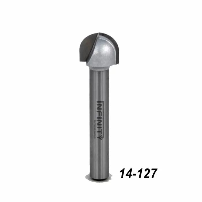 Round nose router bit with Infinity Cutting Tools logo and 14-127 part number for woodworking.