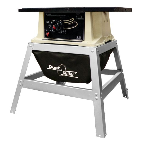 Table saw with Dust Cutter dust collection bag attached to metal stand for woodworking